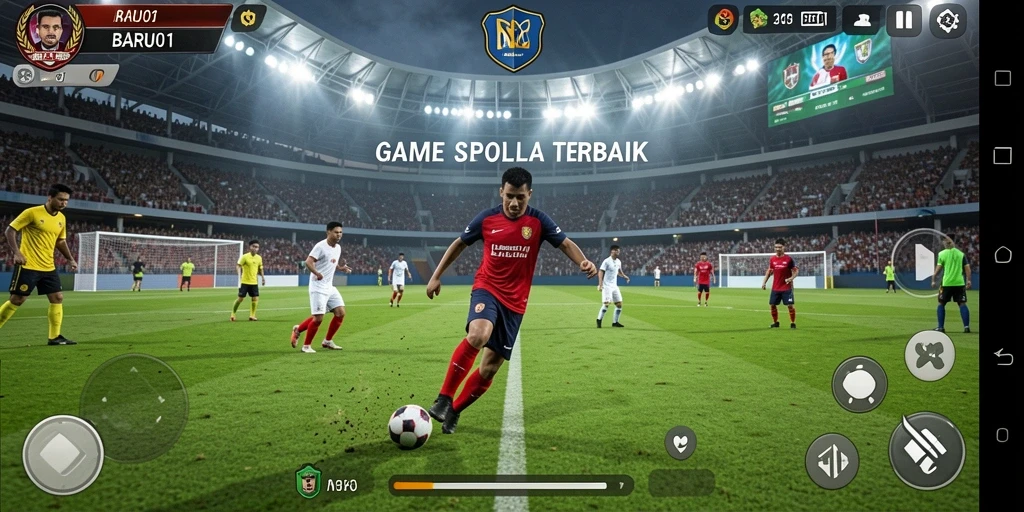 Tampilan gameplay seru dalam BARU01 yang menampilkan aksi sepak bola.