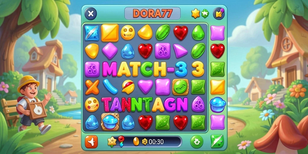 Tampilan gameplay DORA77 yang seru dengan kombinasi warna-warni permata.