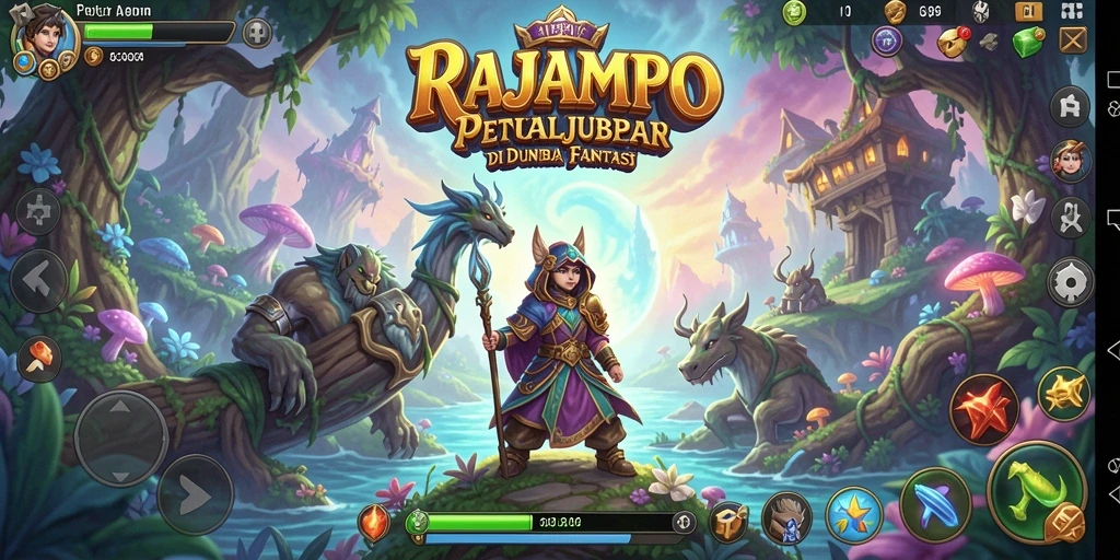 Screenshot utama RAJAMPO menampilkan petualangan seru di dunia fantastis.